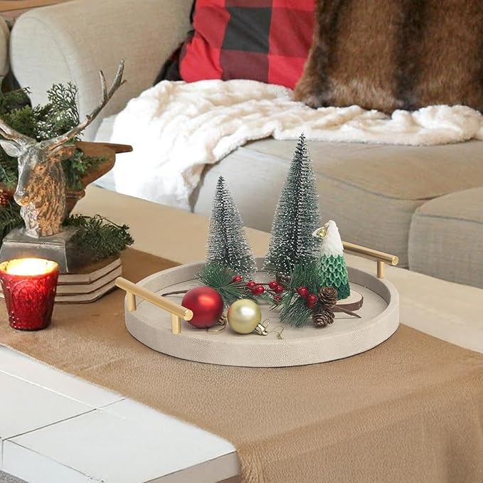 Modern Shagreen Tray, Round Serving Tray with Gold Polished Metal Handles, Decorative Trays Coffee Table Ottoman Trays for Living Room Bathroom Home Decor, Set of 2 (Ivory)