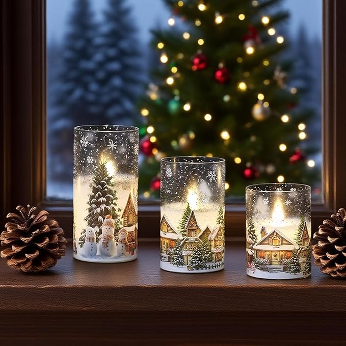 DRomance Snowman House Glass Flameless Candles Battery Operated with Remote and Timer Real Wax LED Flickering Pillar Candles Cold White Light Window Christmas Holiday Decor 3" D x 4", 5", 6" H