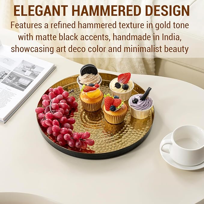MyGift 12 Inch Round Decorative Platter, Gold Tone Plated Hammered Aluminum with Matte Black Accent Serving Plate, Centerpiece Base or Vanity Tray - Handcrafted in India