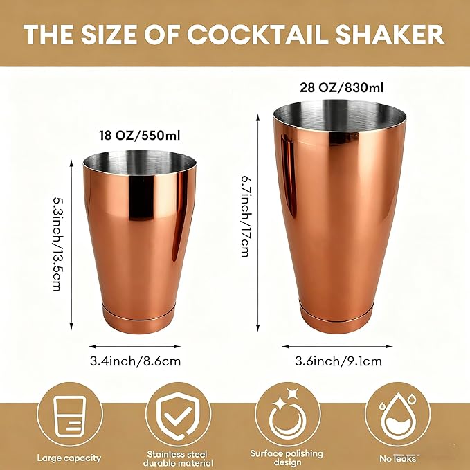 4 packs Bar Cocktail Boston Cocktail Shaker Martini Shaker Mixer Basic Tool Cocktail Set Stainless Steel Bar Shaker for Bartender (copper)
