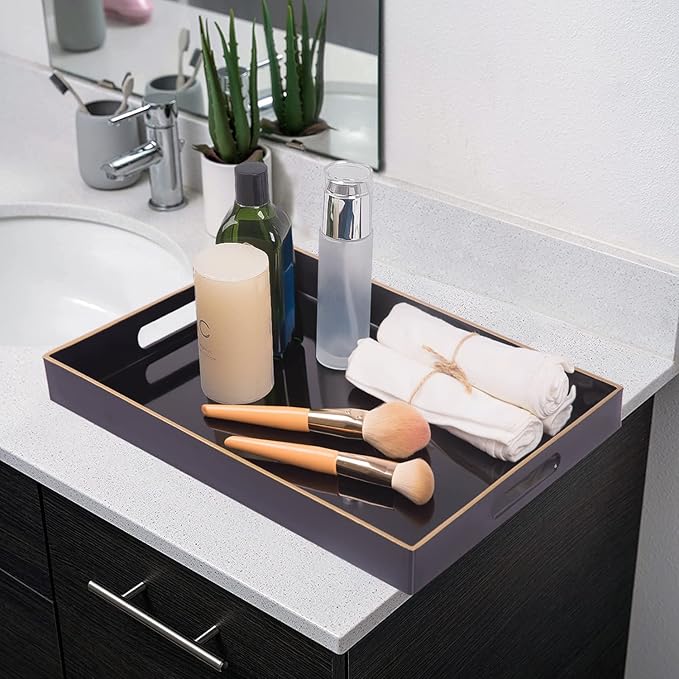 MAONAME Black Serving Tray with Handles, Rectangular Decorative Tray, Modern Coffee Table Trays, Plastic Ottoman Trays for Bathroom, Decor, 15.7” x 11.8” x 1.57"