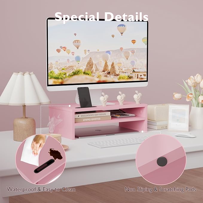 BONTEC Wooden Monitor Stand Riser, 2-Tier Desk Shelf with Storage Organizer, Ergonomic Computer Stand with Cable Management, Cellphone Holder, Pink, 16.5 Inch