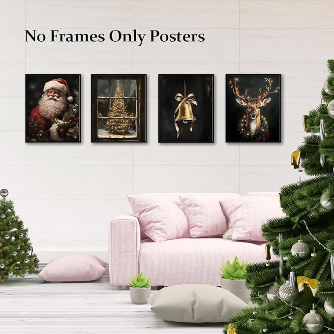 TFKFJLF Vintage Christmas Santa Wall Art Poster Decor, Aesthetic Christmas Tree Wall Decor, Xmas Holidays Decorations for Bathroom Bedroom Living Room Office, Unframed 8x10in Set of 4
