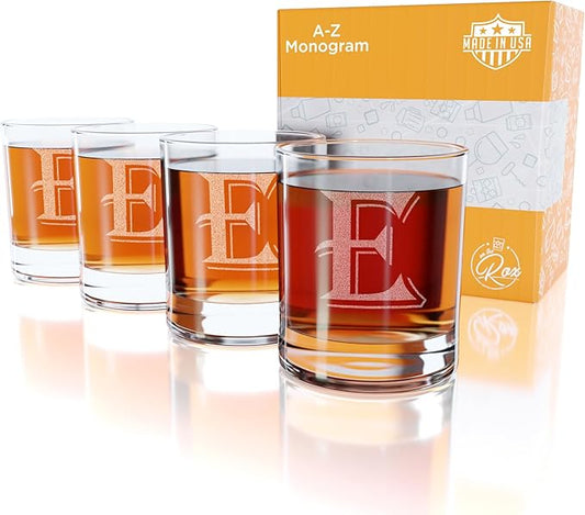 (E-Monogram)- 4 Piece Set of 11 Ounce Engraved Heavy Base Rocks Glasses Elegant Glass-Multi-Purpose Beverage-Rocks Glass- Gift for any Occasion- By: On The Rox