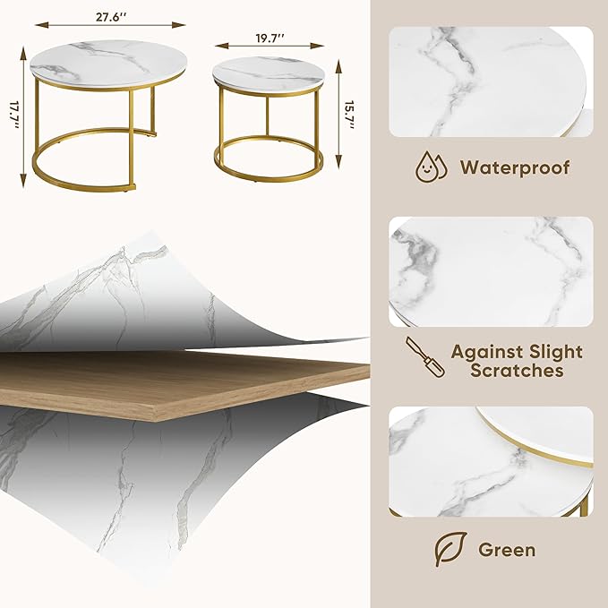 Smuxee White Nesting Coffee Table Set of 2, 27.6" Round Coffee Table Wooden Marble Pattern with Adjustable Non-Slip Feet, Industrial End Table for Living Room Bedroom Balcony