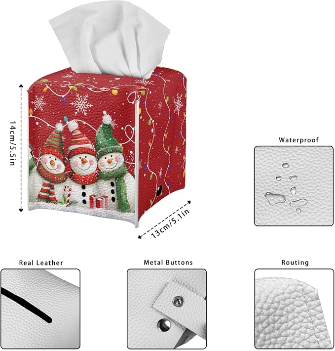 Cute Snowman Tissue Box Cover Red Christmas Square Tissue Box Holder for Barthoom Bedroom Office Car PU Leather Tissues Holder Dispenser Home Decor