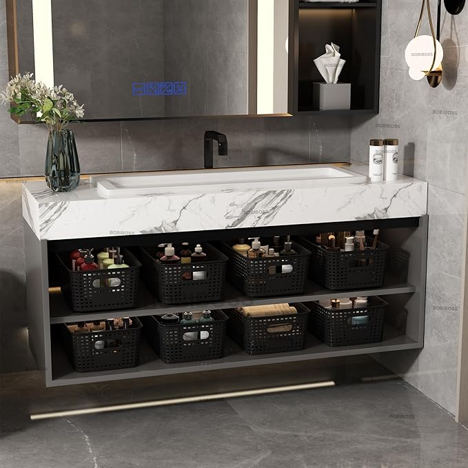 Black Plastic Storage Baskets with Lids 12 Pack Stackable Storage Bins Containers for Shelves Organizing, Cute Decorative Storage Boxes for Classroom, Playroom, Closet, Pantry