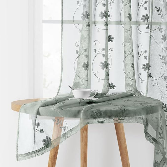 HOMEIDEAS Sage Green Sheer Curtains 84 Inches Long 2 Panels Embroidered Floral Pattern Semi Sheer Window Curtains for Bedroom Living Room