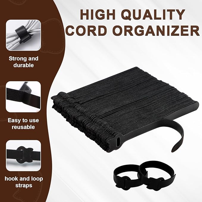 FOURGUN Reusable Cable Ties 100 Pack 8 In Heavy Duty Adjustable Hook Loop Cord Straps Multi-Purpose Wire Organizer Cable Management Ideal for Home Office Data Centers Indoor/Outdoor Wire Bundling