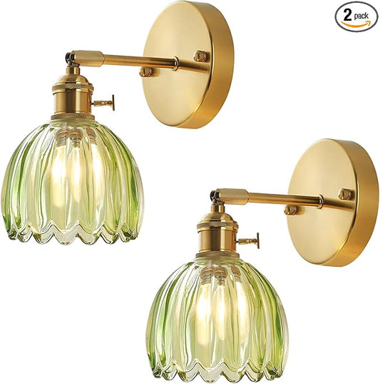 Plug in and Hardwired Wall Sconces, Luxury Vintage Tulip Crystal Glass Shade Wall Light with Switch for Bedside Bedroom Living Room (Tulip-Green, 2)
