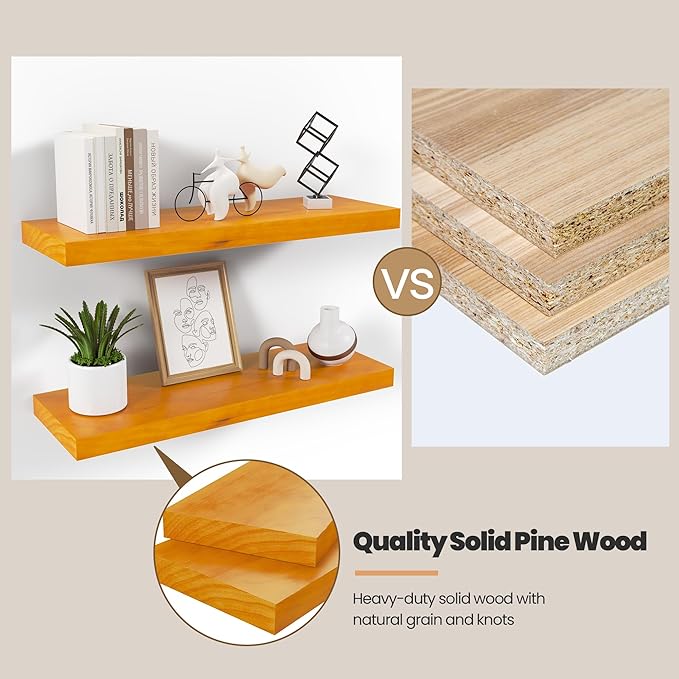 Pine Floating Wall Shelves Set of 2, 16 Inches Long x 8”x 1.4” Shelf Floating Rustic Farmhouse Decor, Heavy Duty Shelf, Wall Shelves for Bathroom Living Room Kitchen Bedroom Office, Honey Oak