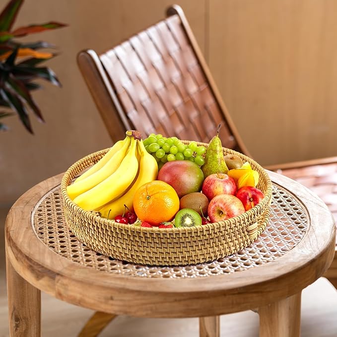 Handwoven Rattan Round Serving Tray, Natural Wicker Decorative Tray for Serving, Coffee Table, Home Décor and Entertaining, Gift Idea Choice,Set of 2