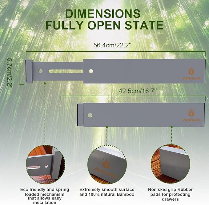 ANTOWIN Bamboo Drawer Dividers Organizers, Expandable Drawer Separators Splitter,17-22 inches Long Adjustable Spring-loaded Organizer for Large Utensil, Clothes, Tools Drawers (Grey)