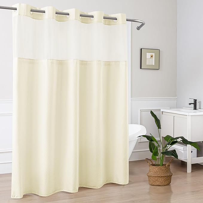 Mrs Awesome No Hook Shower Curtain with Snap-in Liner Less Time On/Off, Embossed Waffle-Look Textured Fabric Shower Curtain for Bathroom, Soft & Lightweight, 71x74, Cream