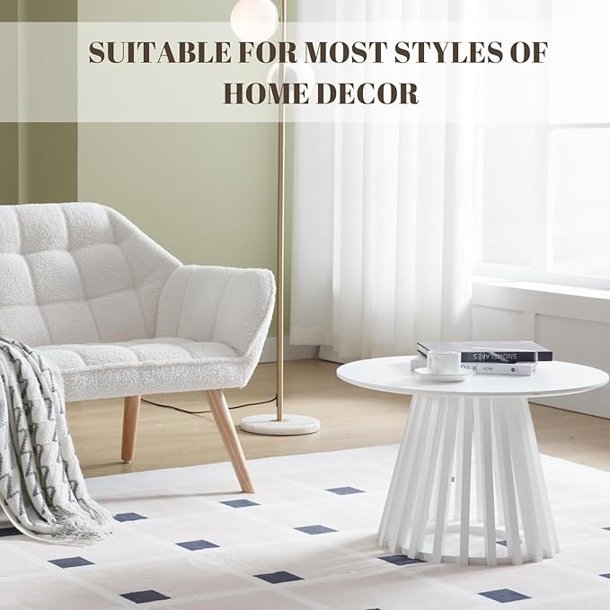 HEAH-YO Round Coffee Table, Circle End Table with Pedestal Base, 24 Inch Modern Side Table for Living Room Home Office, White