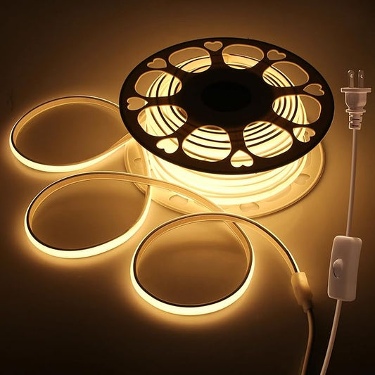 AC 110V LED COB Light Strip 65.6FT Warm White CRI 85+ Outdoor Waterproof Plug in with Switch Flexible Cuttable COB LED Rope Lights 3000K High Density 288Leds/M for Kitchen Cabinet Garden Home Decor