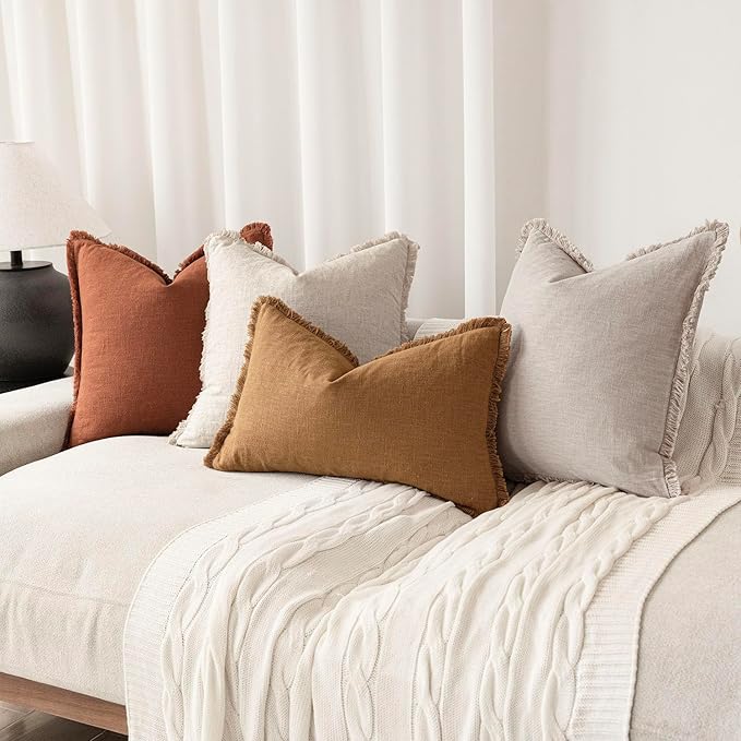 Foindtower Set of 2 Decorative Linen Fringe Throw Pillow Covers Cozy Farmhouse Cushion Cover with Tassels Lumbar Accent Pillowcase for Couch Bed Living Room Home Bedroom Decor, 12×24 Inch,Orange Brown