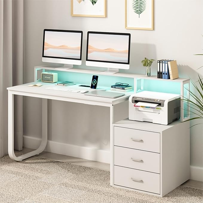 HOMBCK 67" Computer Desk with 3 Drawers, Home Office Desk with Long Monitor Stand and Printer Space, Office Desk with Storage & LED Lights, Writing Desk with Drawers, White