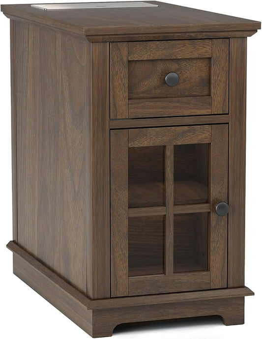 HIFYOBRO End Table with 1 Drawer, Storage Side Table with Flip Top Charging Station, Type-C & USB Port & Power outlets, Wooden Storage Cabinet for Bedroom/Living Room