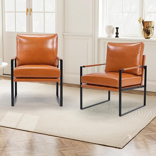 INZOY Mid Century Modern Accent Chair with Removable Cushions Set of 2, Comfy PU Leather Living Room Chairs with Thicker Backrest and Cushion, Metal Frame Design, Brown
