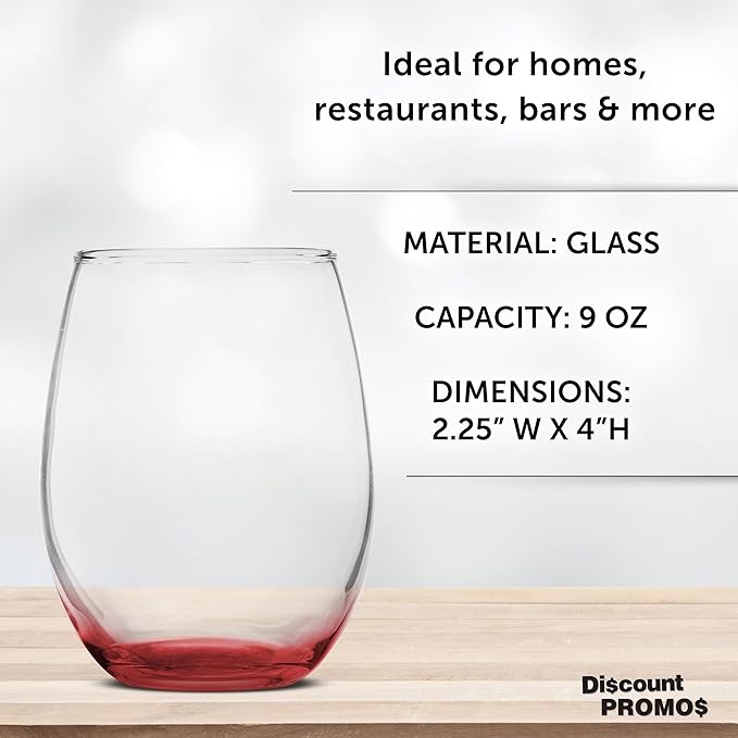 DISCOUNT PROMOS Stemless Wine Glass 9 oz. Set of 10, Bulk Pack - Great for Wedding Favors, Bachelorette Party and More - Red Bottom Color