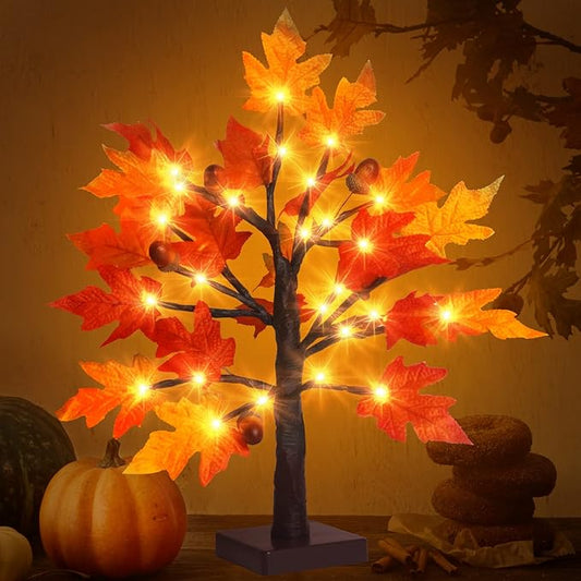 1.5FT Lighted Fall Maple Tree - Thanksgiving Tabletop Lamp Decor with 36 LED Lights, Maple Leaves, 6 Acorns, 6-Hours Timer Function, Battery Operated Fall Artificial Tree for Indoor Home Bedroom