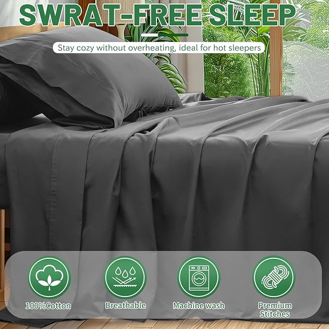 Extra Deep Pocket Queen Sheets 18-24 Inch 100% Egyptian Cotton 1000 Thread Count Sateen Weave Soft Breathable 4 Pieces（Queen,Dark Grey）