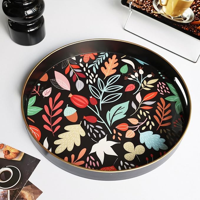 Round Serving Tray with Handles, Coffee Table Tray for Ottoman, Organizer Vanity Tray for Living Room, Outdoor Tray for Patio Entertaining, Serving Breakfast Kitchen Platter LEE33BH