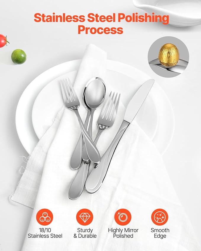 VEVOR 30-Piece Silverware Set, Food-Grade Stainless Steel Flatware Utensils, Mirror Finished Cutlery Set, Dishwasher Safe Eating Tableware for Kitchen Home, Service for 6, Include Knife Fork Spoon