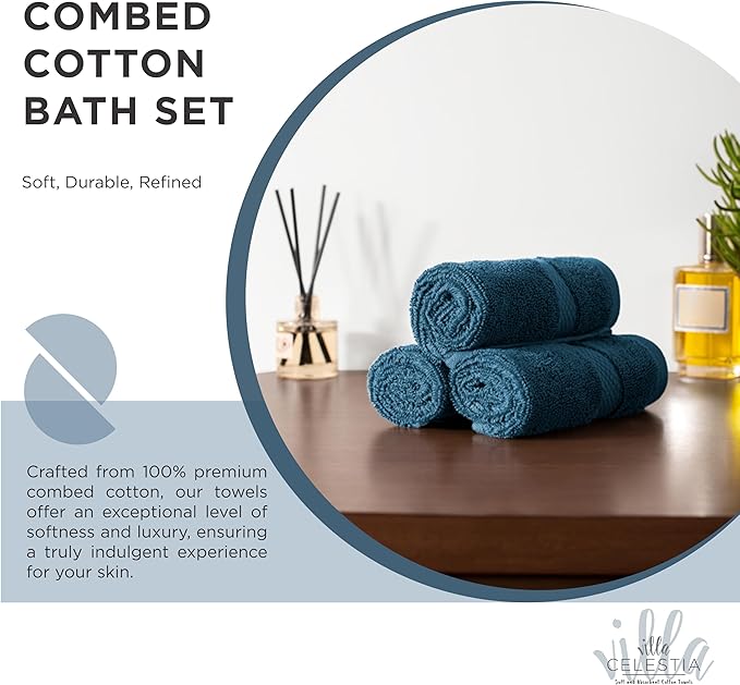 100% Cotton Bath Towel Set of 12-4 Bath Towels, 4 Hand Towels, 4 Wash Cloths, Sustainable, Soft, Highly Absorbent, Combed Cotton 12 Piece Set for Hotels, Spa, Bathroom, Dorm, Blue