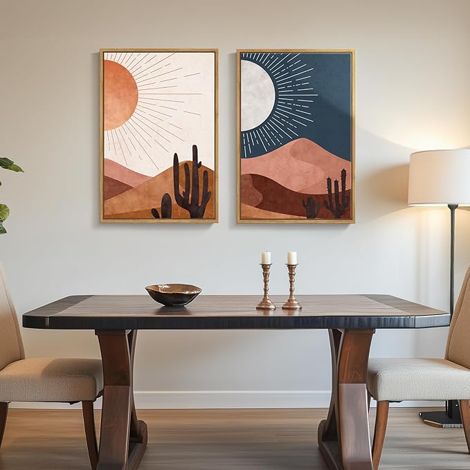Framed Boho Desert Wall Art for Room Decor, Set of 2 Sun and Moon Cactus Landscape Artwork, Mid Century Modern Bohemian Paintings Prints for Living Room Bedroom Office Hallway Wall Decor, 20x30 Inch