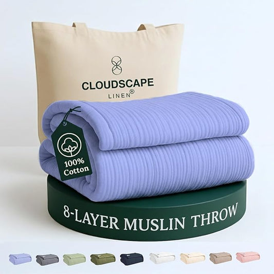 Cloud Scape Linen Extra Large 8-Layer Muslin Throw Blanket, 100% Cotton Gauze Blanket for Couch, Sofa, Bed, Lightweight, Suitable for All Season,50x70, Lavender Blue