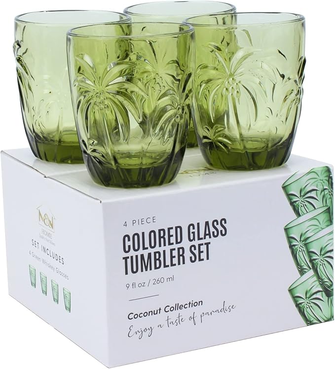 M&N HOME Green Christmas Tumblers, Colored Whiskey Glasses, Set of 4 Colorful Drinking Glasses, 9 Oz Coconut Cups, Glass Cups for Water and Juice, Holiday Glasses Drinkware - GREEN SET