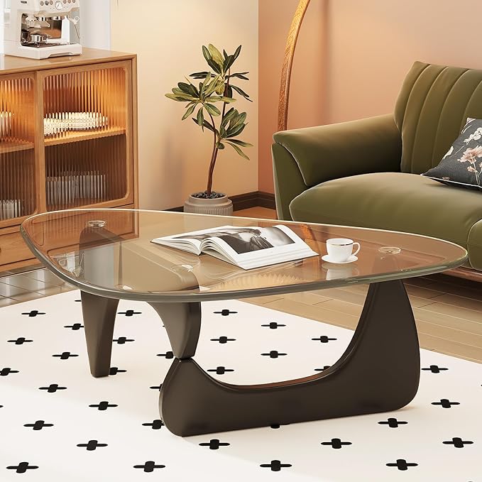 Coffee Table for Living Room Mid Century Modern Center Table with Glass Top and Oak Wood, Transparent/Black