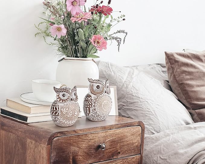 Adorable Owl Figurine Shelf Decor for Home and Office - Boho Chubby Owl Figurine for Book Shelf Desktop Cabinet Fireplace Mantel Bathroom Decor Accents