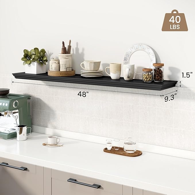 Axeman 48 Inch Floating Shelves for Wall, 9.3" Deep Crown Molding Wood Display Shelf with Heavy Duty Invisible Brackets for Living Room, Bedroom, Bathroom, Kitchen Decor & Storage, Set of 1, Black