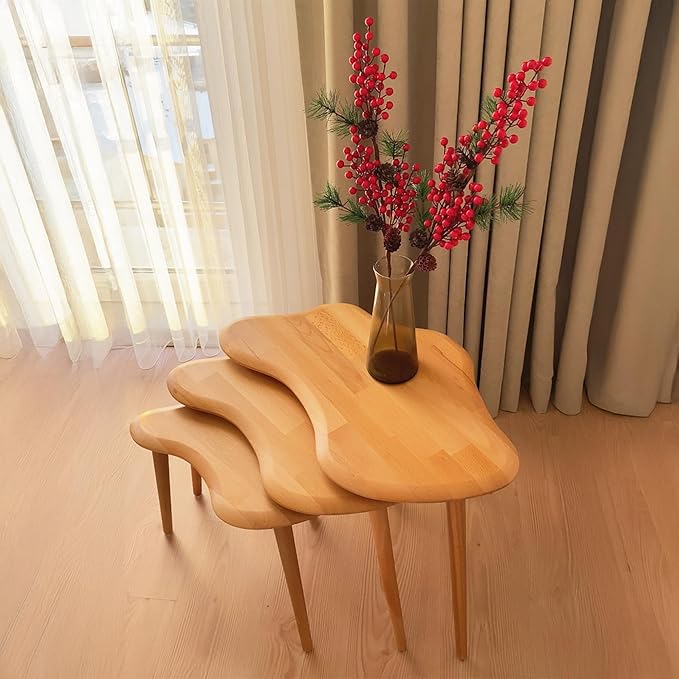 Nesting Coffee Tables, End Tables Set of 3 for Living Room Bedroom, Solid Wood Small Side Tables for Couch, Rustic Mid Century Modern Wooden Asymmetrical Table with Tapered Legs
