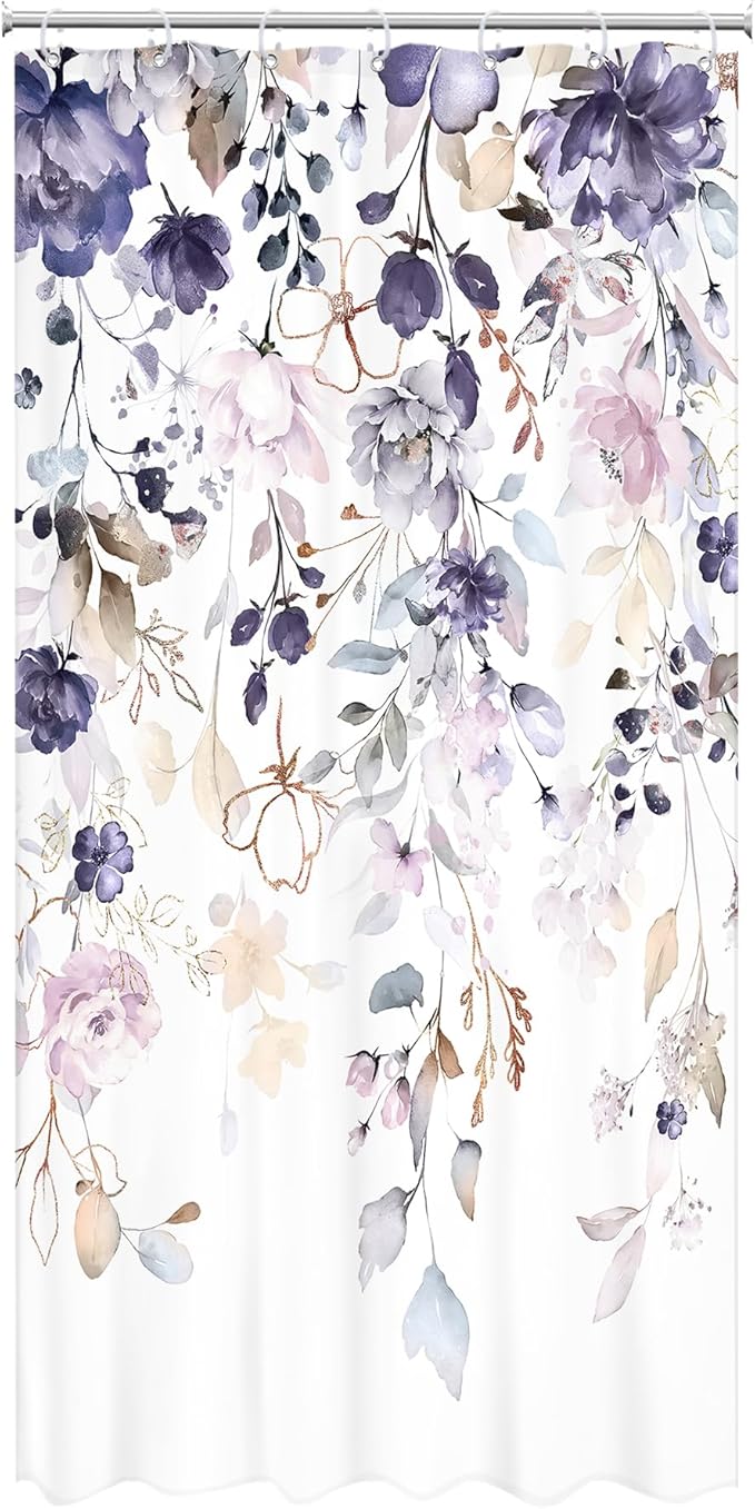 Floral Flower Shower Curtain 36Wx72L Inch Small Stall Purple Pink Leaf Rustic Girly Boho Wildflower Eucalyptus Botany Plant Bathroom Set Spring Bath Curtain Bathtub Accessories Home Decor