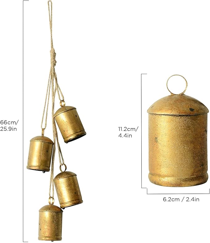 Styleonme Decorative Bells, Christmas Bell, Metal Indoor and Outdoor Blessing Bells, 4-Piece Set of Harmonious Bells, Vintage Handmade and Rustic Lucky Christmas Bells Hanging on a Rope
