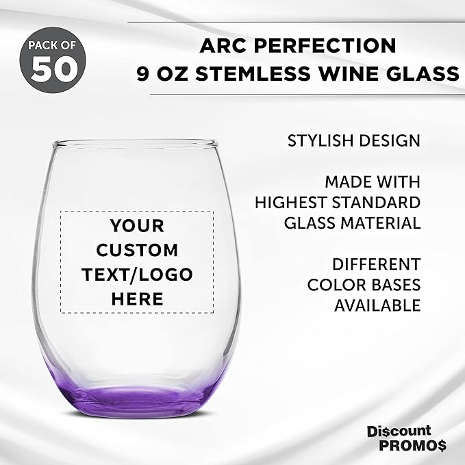 Custom Stemless Wine Glass 9 oz. Set of 50, Personalized Bulk Pack - Great for Wedding Favors, Bachelorette Party Decorations, Party Favors, Color Bottom - Purple