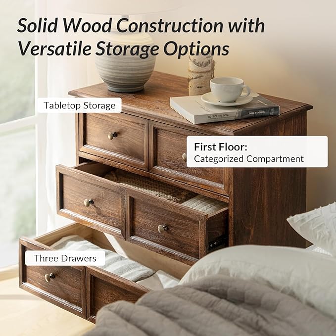 HULALA HOME 3-Drawer Nightstand with Charging Station, Drawer Organizer with Wood Legs, Farmhouse Solid Wood Nightstand Set of 2(Walnut)