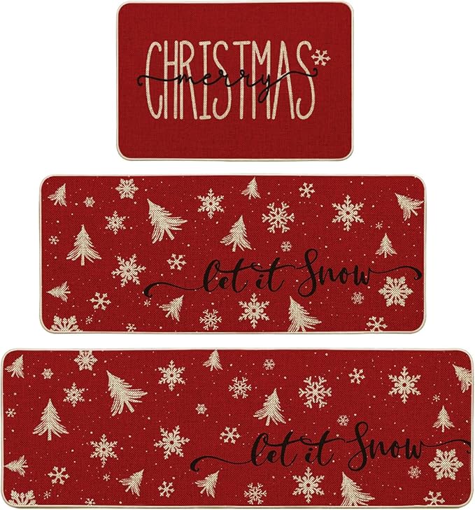Artoid Mode Xmas Trees Snowflake Let It Snow Merry Christmas Kitchen Mats Set of 2, Winter Decor Low-Profile Kitchen Rugs - 24"x36"+24"x59"+24"x72"