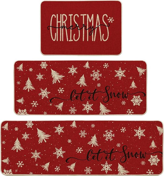 Artoid Mode Xmas Trees Snowflake Let It Snow Merry Christmas Kitchen Mats Set of 2, Winter Decor Low-Profile Kitchen Rugs - 24"x36"+24"x59"+24"x72"