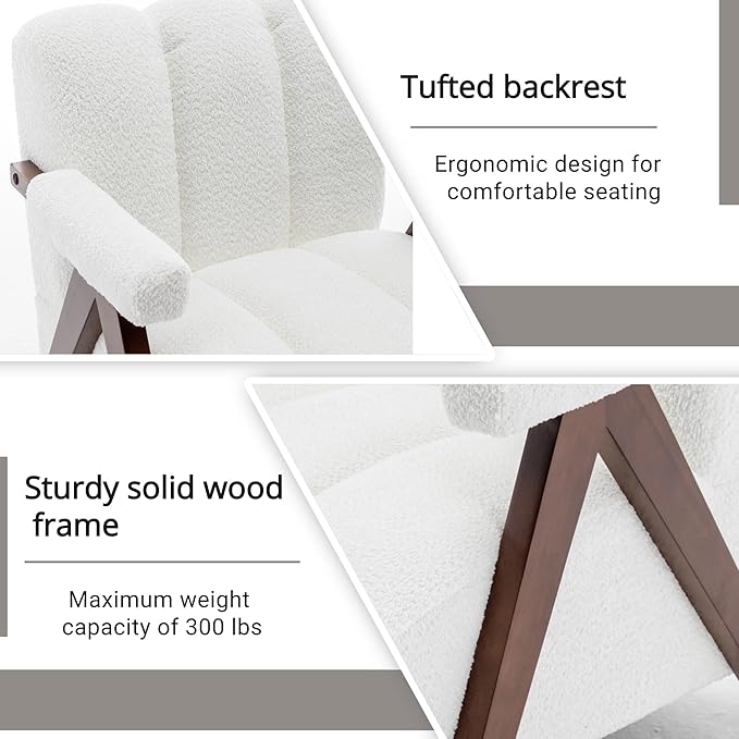Mid Century Modern Accent Chairs Set of 2 with Solid Wood Frame, Boucle Upholstered Living Room Chairs with Thick Cushion, Comfy Tufted Arm Chair for Bedroom, Ivory