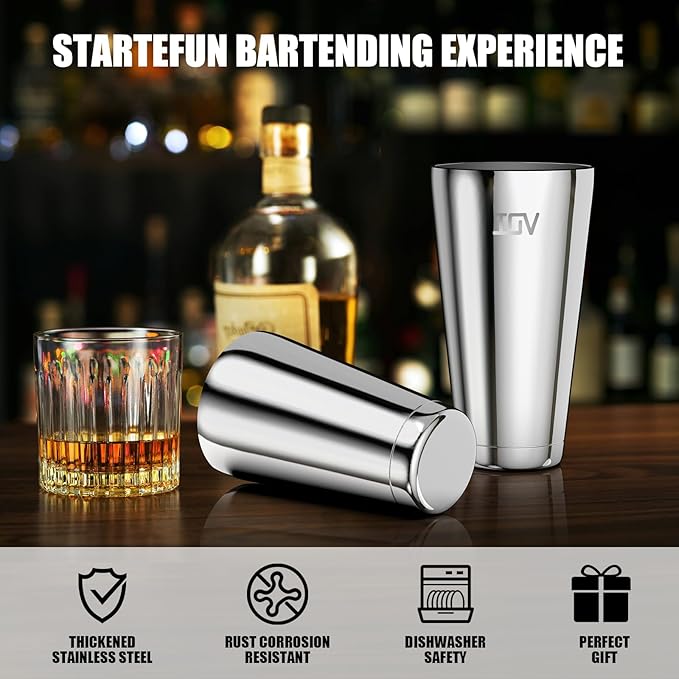 IOV Boston Cocktail Shaker Set, 18oz & 28oz Stainless Steel Weighted Shaker Tins, Metal Martini Drink Mixer for Bartending, Professional Bar Tools with Cocktail Recipe Guide
