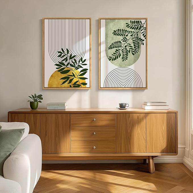 Framed Green Boho Wall Art for Room Decor, Set of 2 Botanical Geometric Artwork for Bedroom Walls, Bohemian Modern Neutral Canvas Paintings Prints for Living Room Office Kitchen Wall Decor, 16x24 Inch