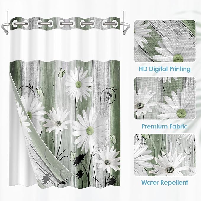 No Hook Green Daisy and Butterfly Shower Curtain with Snap in Fabric Liner Set, Rustic Farmhouse Double Layers Waterproof Fabric with See Through Top Window Open Grommet Bath Curtain 71x74 Inch