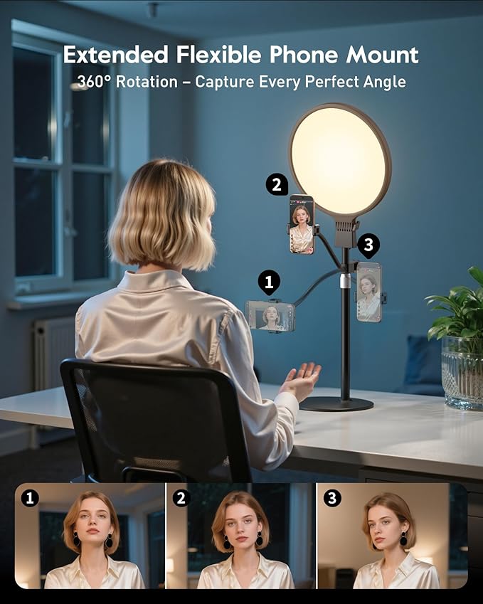 2300 Lumens Ring Light with Stand for Desk, Computer & Laptop – Podcast & Streaming Light with Flexible Phone Holder, CRI 98+ Bright Yet Soft Zoom Light for Video Recording, Conference & Calls