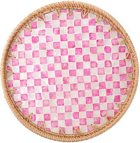 Round Rattan Tray with Mother of Pearl Inlay, Rattan Serving Tray for Coffee, Bread, Fruits, Decorative Wicker Tray for Table Decor, Home Decor, Kitchen Island Decor(Pink Checkerboard, 11.8")