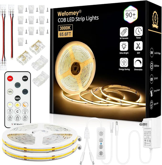 65.6ft COB LED Strip Light with Remote, 3000K Dimmable Bright Warm White Led Lights Strip, Flexible DC24V Led Tape Light for Bedroom, Kitchen, DIY Lighting (2 Rolls of 32.8ft)